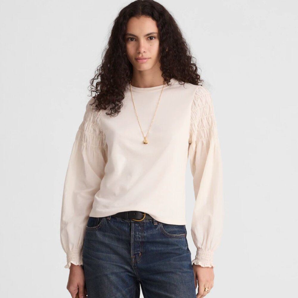 NWT - Madewell Smocked Long Sleeve Tee, Ivory